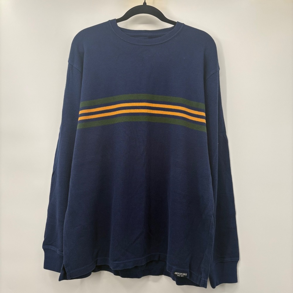 American Eagle Mens Size Large Shirt Y2K Striped Long Sleeve Navy Blue